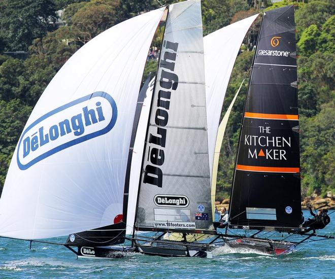 Race 7 – De'Longhi and Thwe Kitchen Maker on the run to the bottom mark at Kurraba Point – 18ft Skiffs Spring Championship ©  Frank Quealey / Australian 18 Footers League